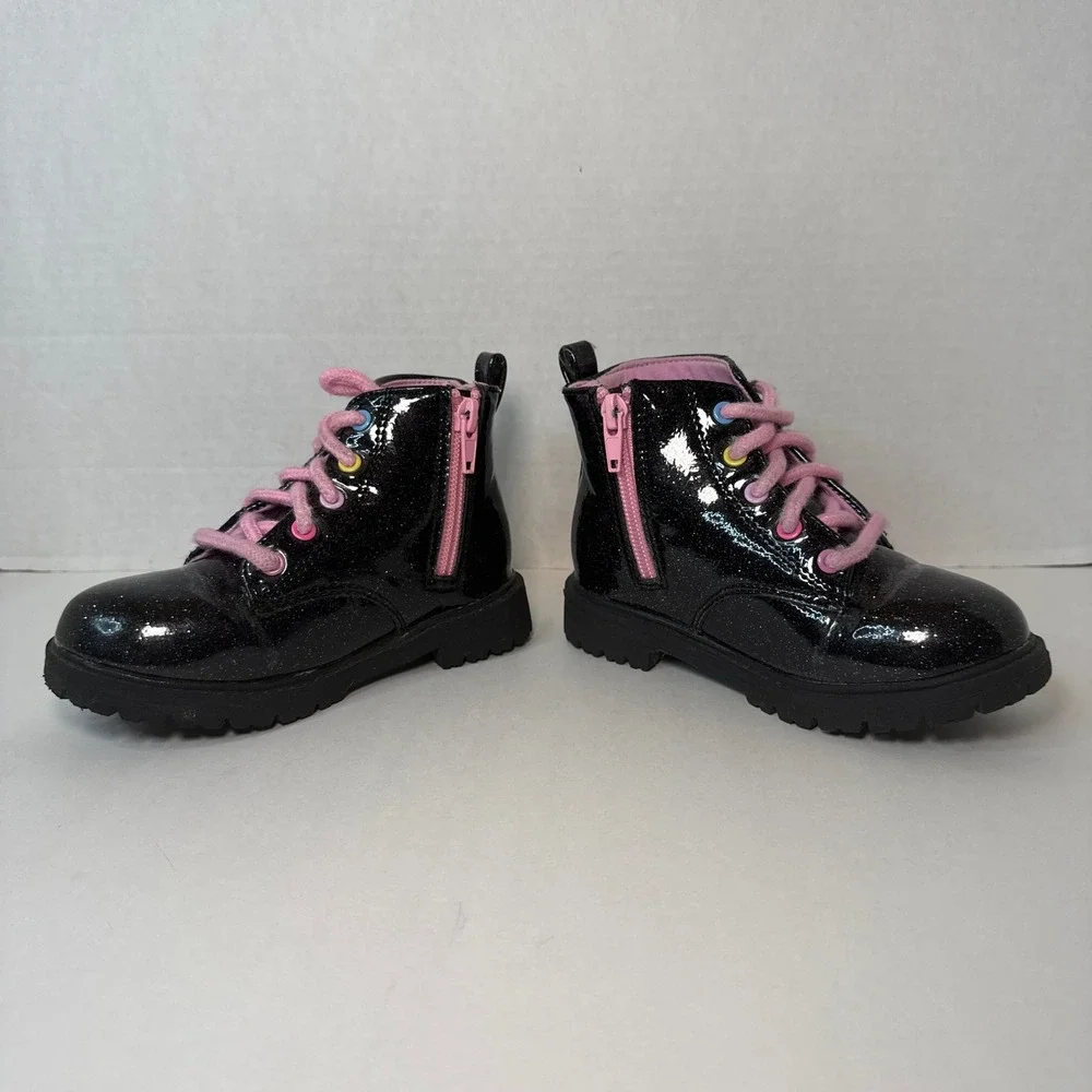 Disney Minnie Mouse Girls Black Glitter Combat Boots Side Zip Size 9